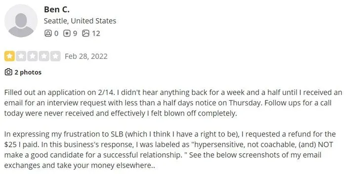 1-star review for Seattle Love Broker on Yelp