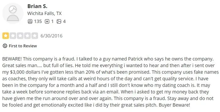 Sugar Matchmaking 1-star Yelp review