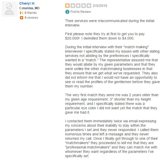 Maryland Matchmakers Yelp complaint