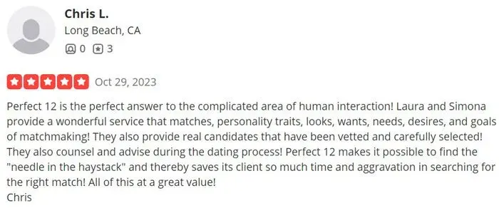 5-star Perfect 12 review on Yelp