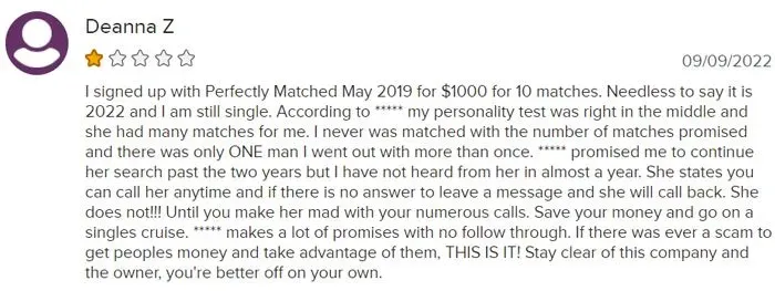 1 star BBB review for Perfectly Matched