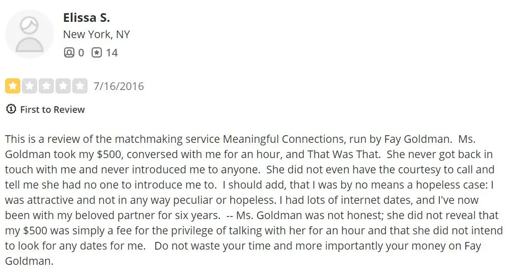 1-star Yelp Meaningful Connections review