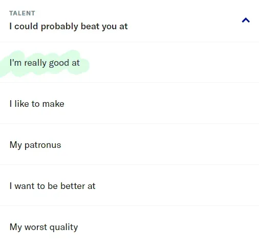 Talent section of OkCupid profile
