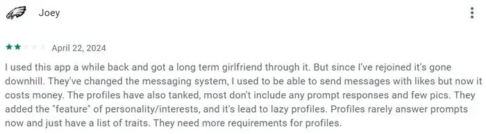 2-star review for CoffeeMeetsBagel on Google Play