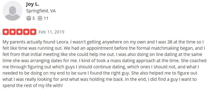 5-star Yelp review for Leora Hoffman