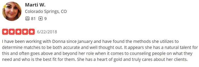 5 star review for Donna Shugrue's matchmaking service