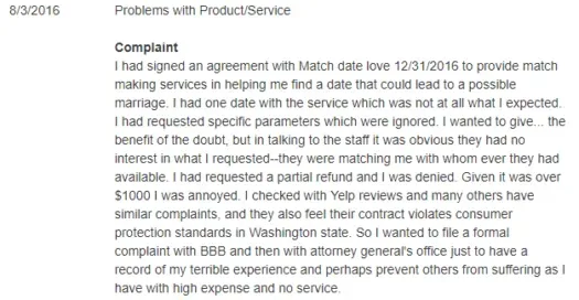 Match Date Love BBB complaint