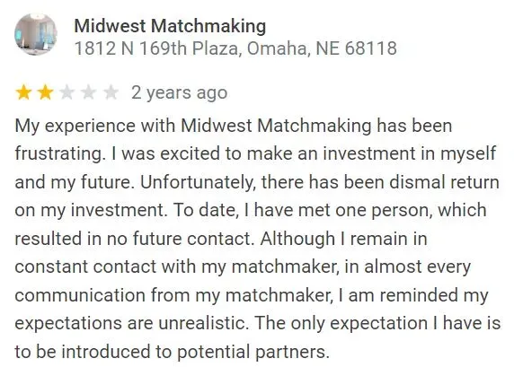 2-star google review for Midwest Matchmaking