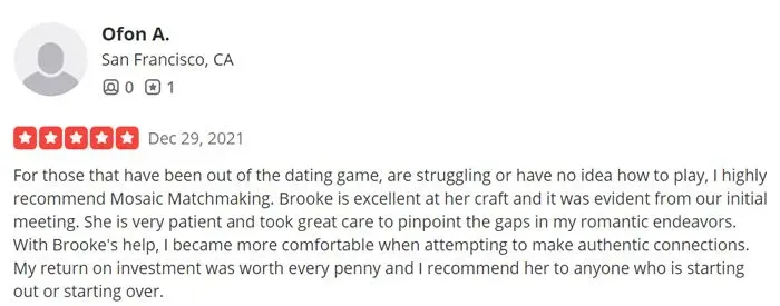 5-star Mosaic Matchmaking review on Yelp