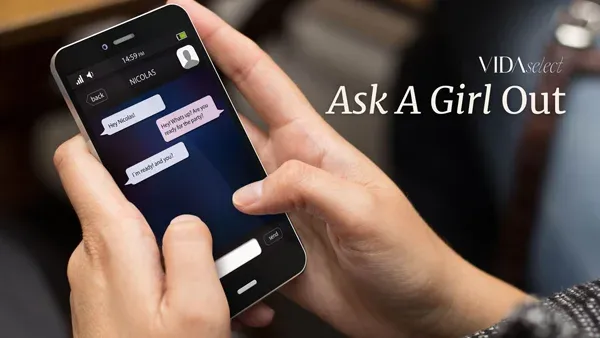 Ask A Girl Out text overlaid with an image of a message exchange on a smart phone screen with the VIDA Select logo