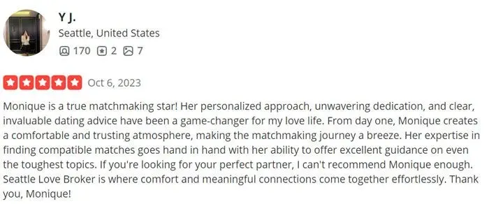 5-star Yelp review for Seattle Love Broker
