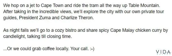 Example of a first date idea for a dating profile.