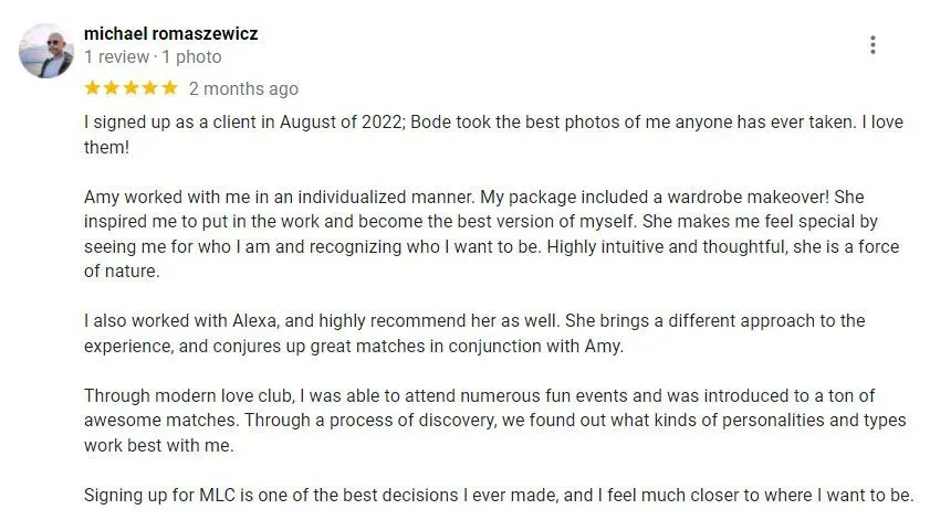 5-star review of Modern Love Club on Google