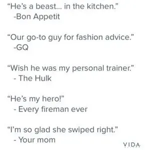 Example of a funny Tinder profile that follows a movie review format, with quotes from people.