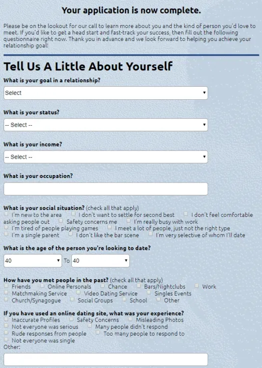 Nebraska Dating questionnaire screen