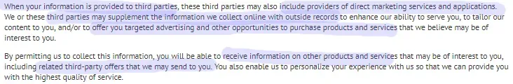Privacy policy excerpt for Toronto Matchmakers