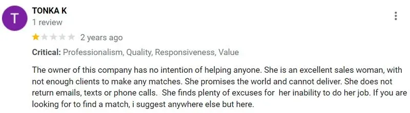 1-star Google review for Revolution Dating