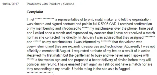 toronto matchmakers bbb complaint
