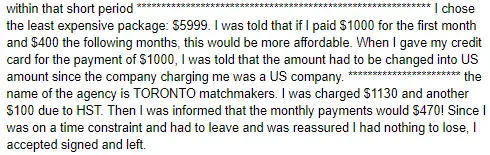 toronto matchmakers complaint