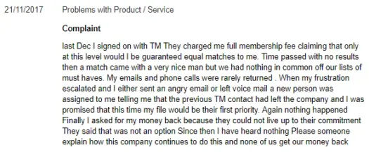 BBB complaint for Toronto Matchmakers