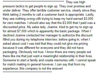 Excerpt from a Toronto Matchmakers BBB complaint