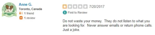 1 star Toronto Matchmakers Yelp review
